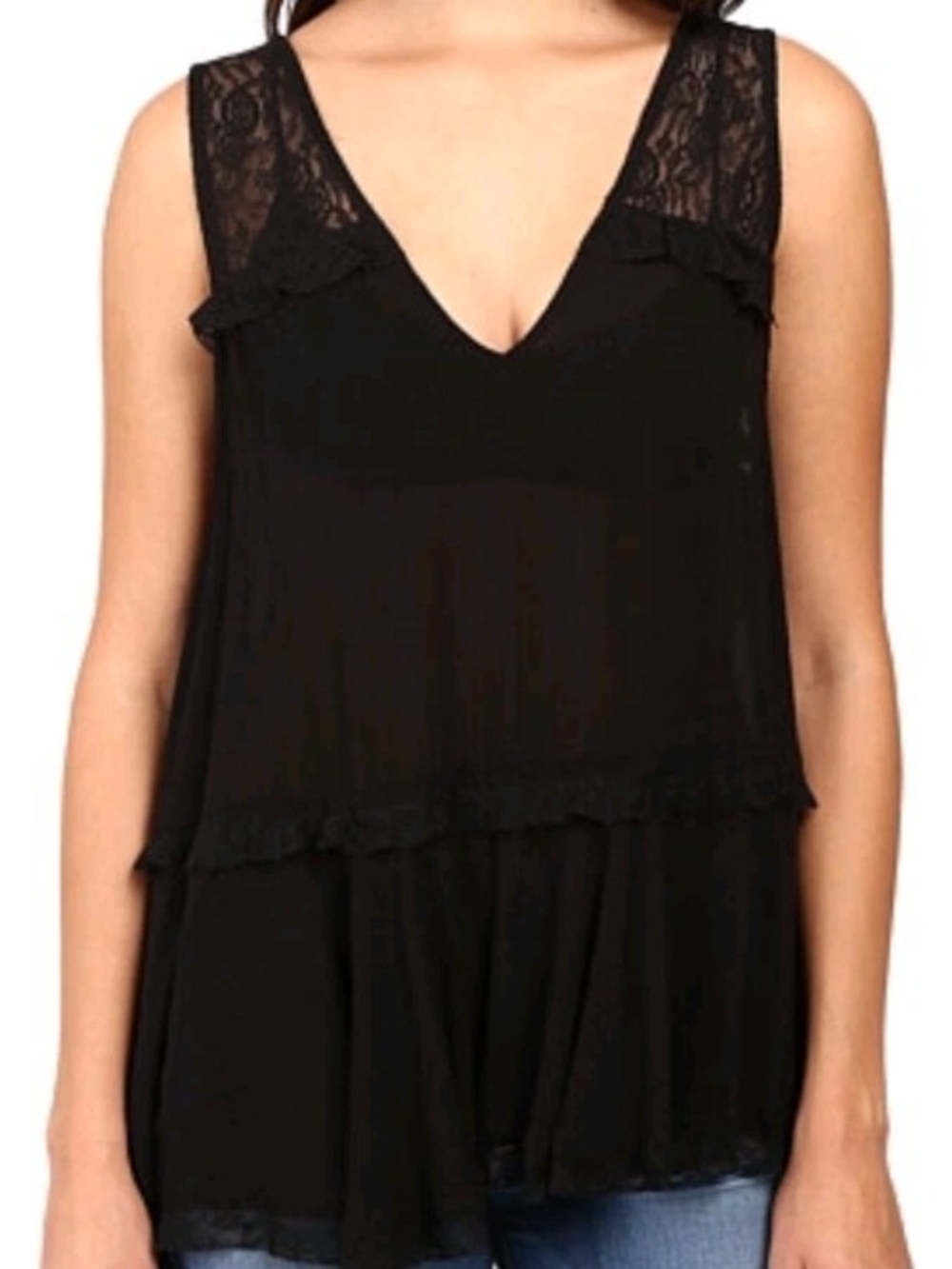 Free People Black Lace-Shoulder V-Neck Chemise